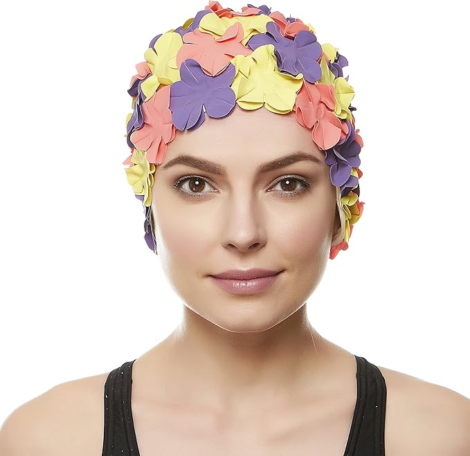 BEEMO Floral Petal Ladies Bathing Swim Cap Women Retro Swim Hat Long/Short Hair