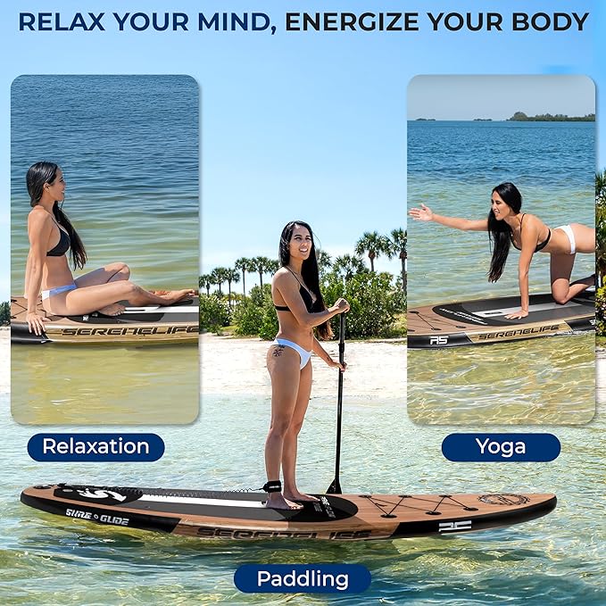 SereneLife Inflatable Stand Up Paddle Board with Premium SUP Accessories – Wide Stable Design with Non-Slip EVA Deck Pad for Adults and Youth of All Skill Levels, 350 lbs Capacity