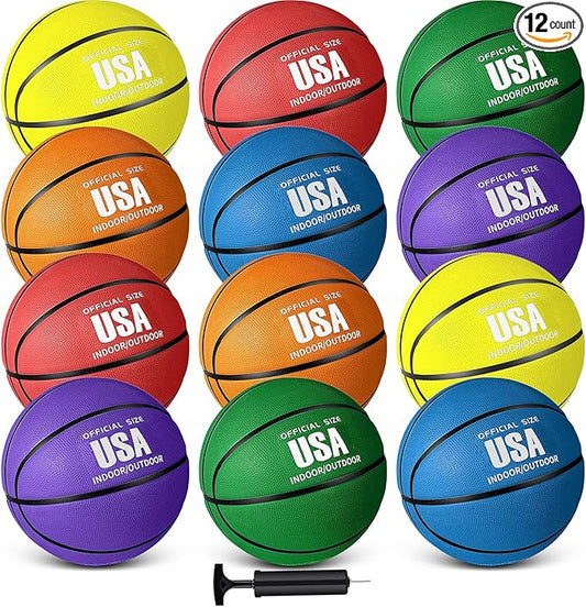 Libima 12 Pcs Rubber Basketballs Bulk with Pump Official Size Multicolor Basket Balls Streetballs Set for Kids Youth Adult Sports Gifts Indoor Outdoor Training Games Back to School