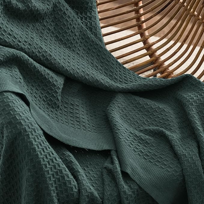 Bedsure 100% Cotton Blanket Twin XL Size for College Dorm - Breathable and Soft, Waffle Weave Twin Blanket for Summer, Dorm Room Essentials, Dark Green, 66x90 inches