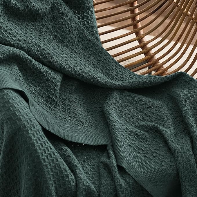 Bedsure 100% Cotton Blanket King Size for Bed - Breathable and Soft, Waffle Weave Blanket for Summer, Thick Cozy Fall Blankets for Women Gift, Dark Green, 104x90 inches