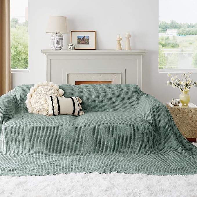 Bedsure 100% Cotton Large Blanket Oversized King for Bed - Breathable Thick Waffle Weave Blanket for Summer, Couch Cover, Sage Green, 120x94 inches