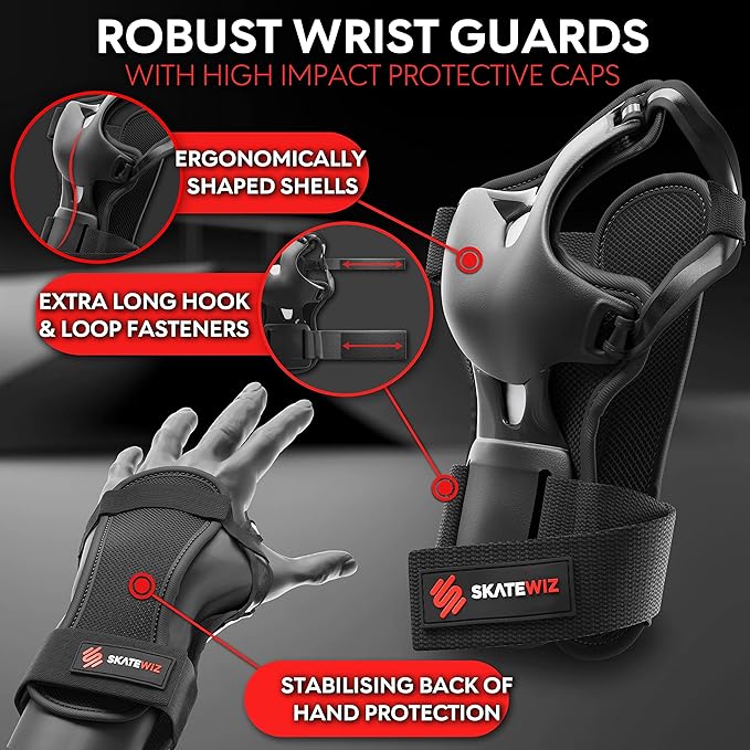 SKATEWIZ Skating Protective Gear Adults & Kids [6pc] incl. Knee Pads, Elbow Pads Wrist Guards for Roller Skating & Skateboarding