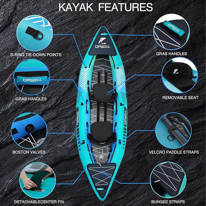 UPWELL 13'6”/11' Inflatable Recreational Kayak - 2 Person with Drop Stitch Floor and Accessories Including Kayak Seats with High Back Support, Paddle, Fin, Repair Kits, Carry Bag and Hand Pump