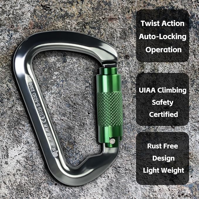 SEPEAK UIAA 30kN Climbing Carabiner Clips, Professional Heavy Duty Twist Locking Carabiners for Climbing,Mountaineering, Rappelling, Camping, Hiking, Swings, Large D Ring Hooks