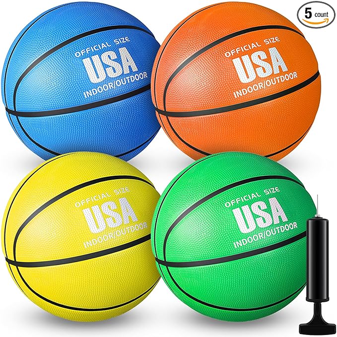 Libima 4 Pcs Rubber Basketball with Pump Official Size Indoor Outdoor Basketball Game Practice Training Kid Teen Women Men Streetbball Sport Gift Back to School