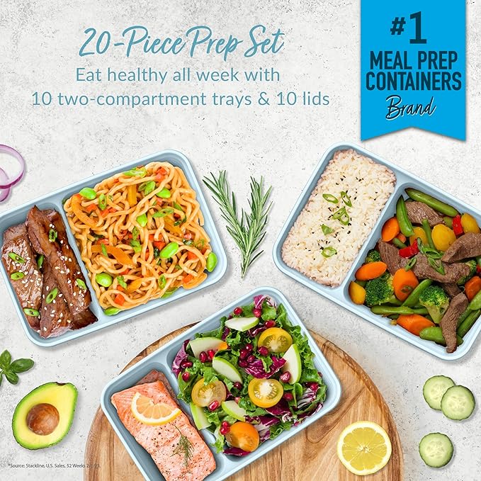 Bentgo 20-Piece Lightweight, Durable, Reusable BPA-Free 2-Compartment Containers - Microwave, Freezer, Dishwasher Safe - Sky