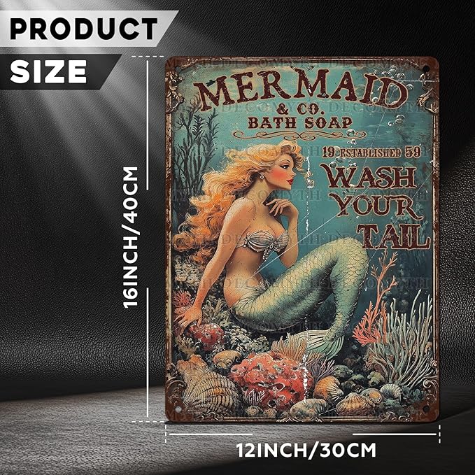 Retro Mermaid Tin Sign Wash Your Tail Vintage Metal Poster Funny Bath Soap Wall Art Toilet Bathroom Man Cave Bar Cafe Indoor Living Room Garage 12 * 16inch
