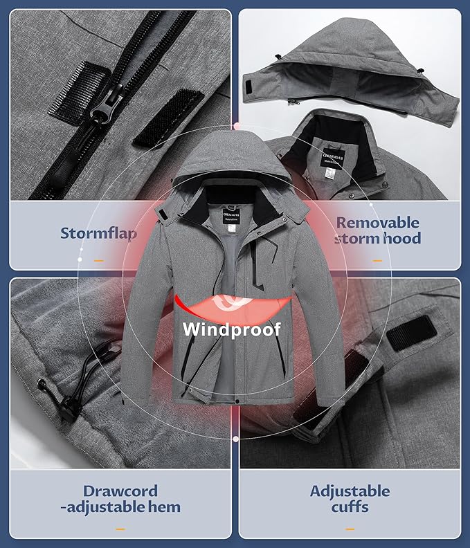 CREATMO US Men's Mountain Waterproof Ski Jacket - Windproof Snowboarding Warm Winter Coat Raincoat