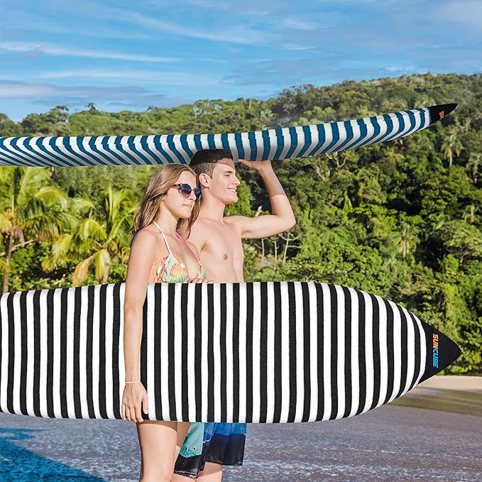 SUN CUBE Surfboard Sock Cover, Protective Surf Bag for Surfing Board, Light Stretchy Surfbag Sleeve for Longboard, Hybrid (8'6'', Black White)