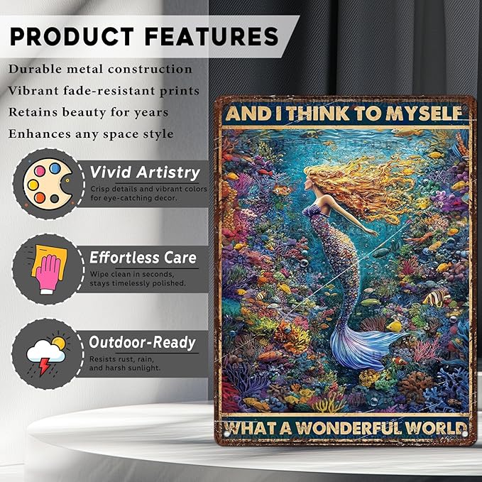 Retro Mermaid Tin Sign And I Think to Myself What a Wonderful World Vintage Metal Poster Funny Wall Art Toilet Bathroom Man Cave Bar Cafe Indoor Room Garage 12 * 16inch