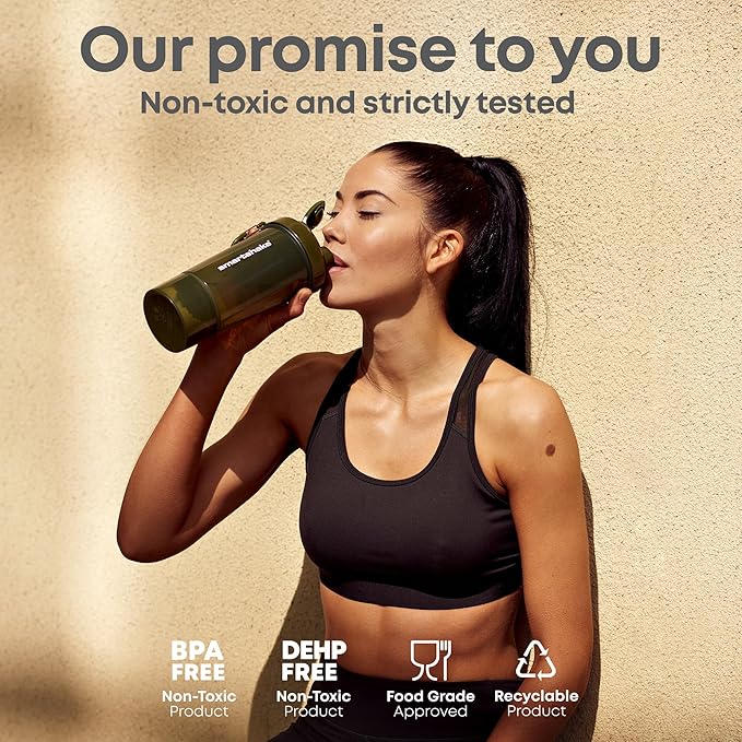 Smartshake O2GO ONE 4-Pack Protein Shaker Bottle 800 ml | 27 oz - Storage Included - Leakproof Screw-on Lid - BPA Free – Unisex - Mist Gray, Army Green, Black, Navy Blue