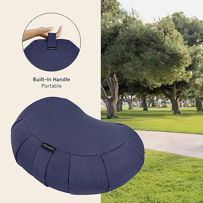 Retrospec Sedona Zafu Meditation Cushion With Buckwheat Hull Fill - Adjustable Yoga & Pilates Support Pillow - 17in Crescent Cotton Cover With Handle