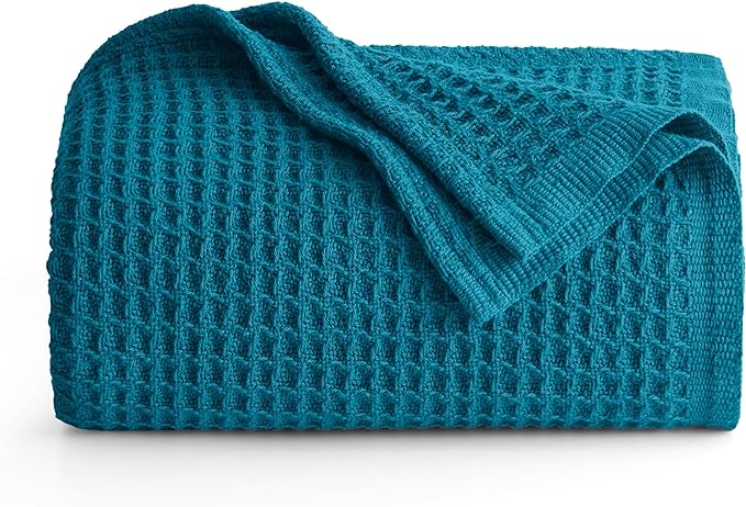 Bedsure 100% Cotton Blanket Twin XL Size for College Dorm - Breathable and Soft, Waffle Weave Twin Blanket for Summer, Dorm Room Essentials, Teal, 66x90 inches