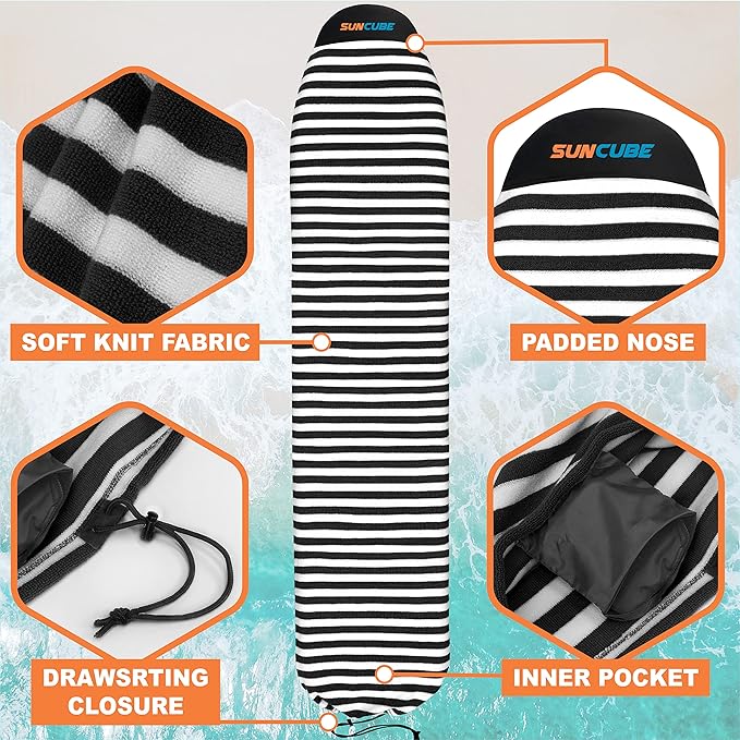 SUN CUBE Surfboard Sock Cover, Protective Surf Bag for Surfing Board, Light Stretchy Surfbag Sleeve for Longboard, Hybrid (8'6'', Black White)