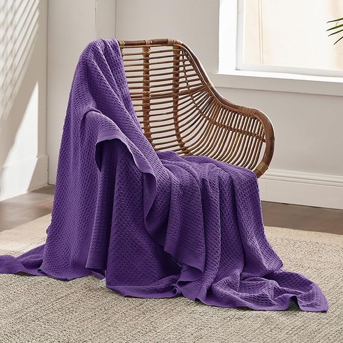 Bedsure 100% Cotton Large Throw Blanket for Couch 50x70 inches - Breathable and Soft, Waffle Weave Throw Blanket for Office, Purple