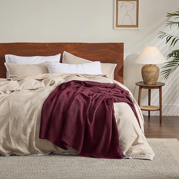 Bedsure 100% Cotton Blanket King Size for Bed - Breathable and Soft, Waffle Weave Blanket for Summer, Thick Cozy Fall Blankets for Women Gift, Red, 104x90 inches