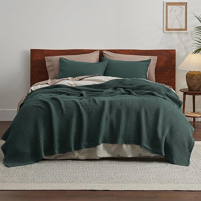 Bedsure 100% Cotton Blanket King Size for Bed - Breathable and Soft, Waffle Weave Blanket for Summer, Thick Cozy Fall Blankets for Women Gift, Dark Green, 104x90 inches