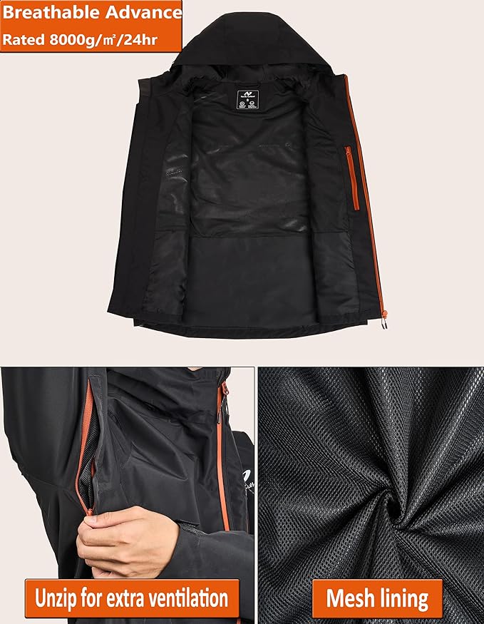 Mens Lightweight Hooded Waterproof Rain Jacket Breathable Raincoat Shell for Outdoor Mountain Hiking