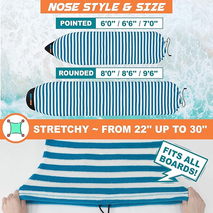 SUN CUBE Surfboard Sock Cover, Protective Surf Bag for Surfing Board, Light Stretchy Surfbag Sleeve for Longboard, Hybrid (8'6'', Black White)