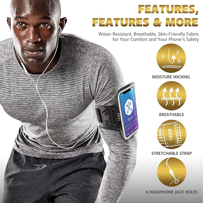 TRIBE Water Resistant Cell Phone Armband Case Running Holder for iPhone Pro Max Plus Mini SE (13/12/11/X/XS/XR/8/7/6/5) Galaxy S Ultra Plus Edge Note (21/20/10/9/8/7/6/5) Adjustable Strap & Key Pocket