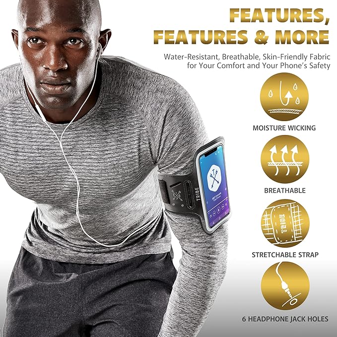 TRIBE Water Resistant Cell Phone Armband Case Running Holder for iPhone Pro Max Plus Mini SE (13/12/11/X/XS/XR/8/7/6/5) Galaxy S Ultra Plus Edge Note (21/20/10/9/8/7/6/5) Adjustable Strap & Key Pocket