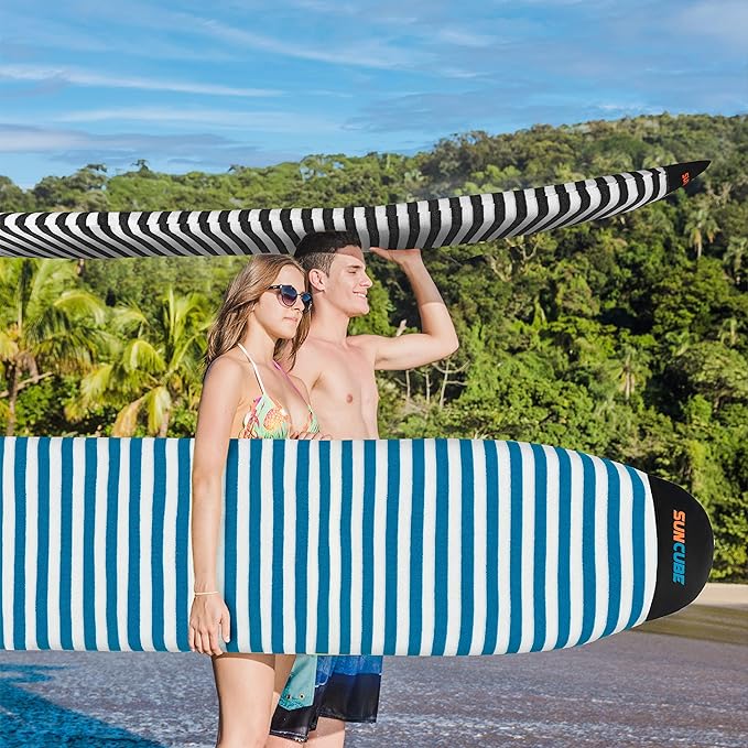 SUN CUBE Surfboard Sock Cover, Protective Surf Bag for Surfing Board, Light Stretchy Surfbag Sleeve for Longboard, Hybrid (8'6'', Black White)