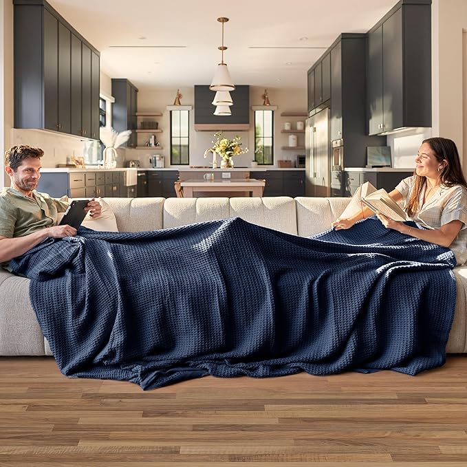 Bedsure 100% Cotton Blanket King Size for Bed - Breathable and Soft, Waffle Weave Blanket for Summer, Thick Cozy Fall Blankets for Women Gift, Pageant Blue, 104x90 inches