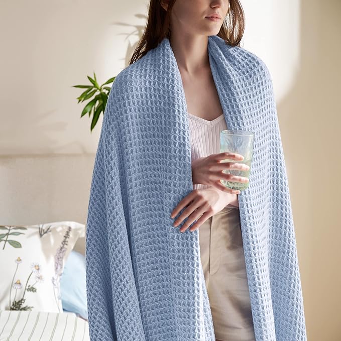 Bedsure 100% Cotton Blanket Queen Size for Bed - Breathable and Soft, Waffle Weave Blanket for Summer, Thick Cozy Fall Blankets for Women Gift, Sky Blue, 90x90 Inches