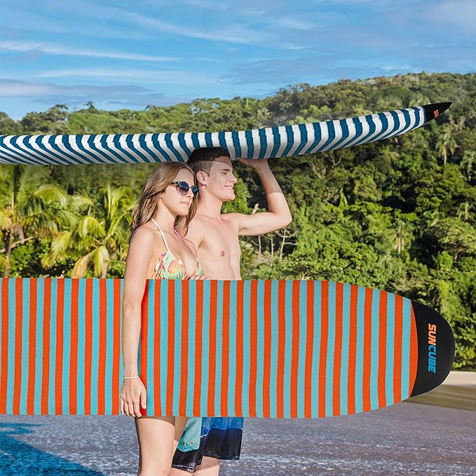 SUN CUBE Surfboard Sock Cover, Protective Surf Bag for Surfing Board, Light Stretchy Surfbag Sleeve for Longboard, Hybrid (8'6'', Black White)