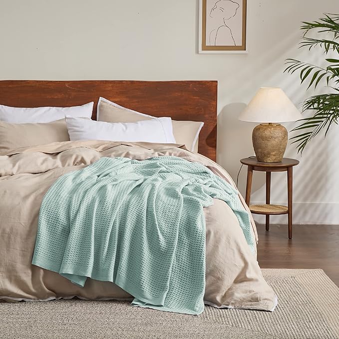 Bedsure 100% Cotton Blanket Queen Size for Bed - Breathable and Soft, Waffle Weave Blanket for Summer, Thick Cozy Fall Blankets for Women Gift, Mint, 90x90 Inches