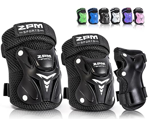 2PM SPORTS Knee Pads for Kids, Wrist Guards Knee and Elbow Pads Set with Drawstring Bag, Protective Gear Set for Girls Boys Roller Skating Cycling Skateboard - Black Small