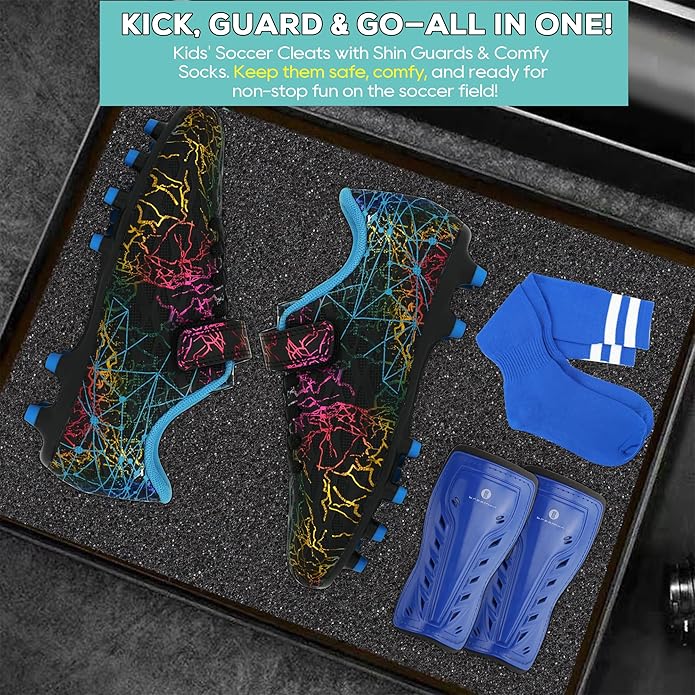 brooman Kids Firm Ground Soccer Cleats Girls Football Cleats with Shin Guards and Soccer Socks