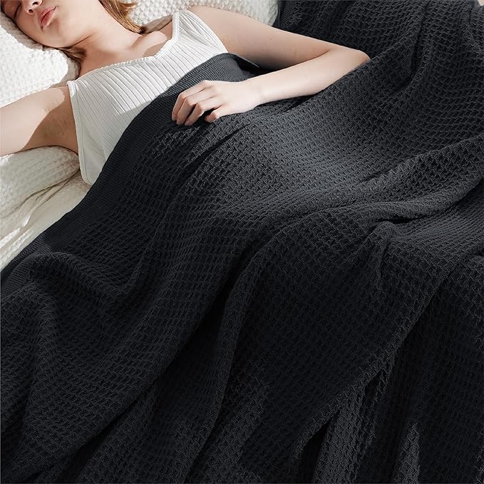 Bedsure 100% Cotton Large Throw Blanket for Couch 50x70 inches - Breathable and Soft, Waffle Weave Throw Blanket for Office, Black