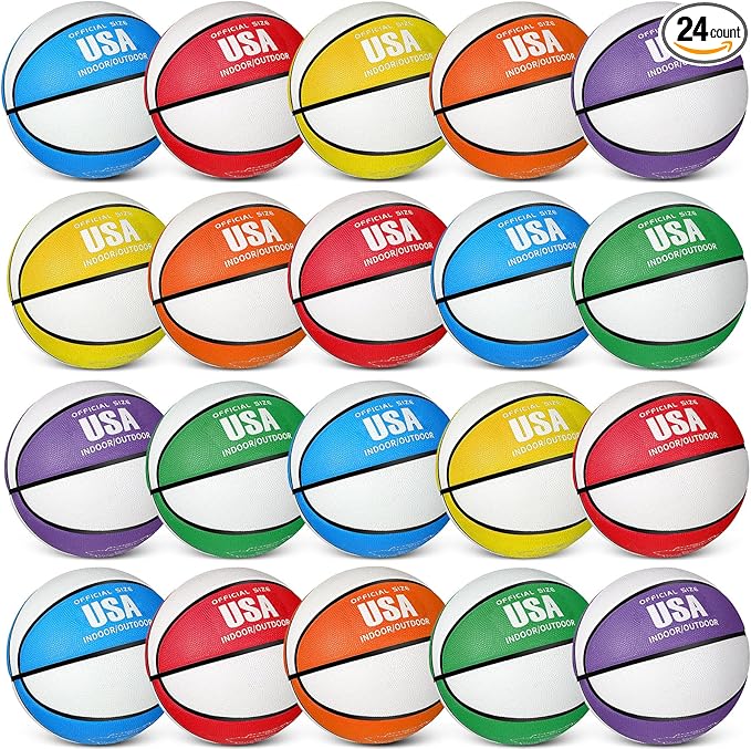 Libima 24 Pcs Rubber Basketballs Bulk with Pump Official Size Multicolor Basket Balls Youth Streetballs Set for Adult Boys Girls Gifts Indoor Outdoor Training Practice