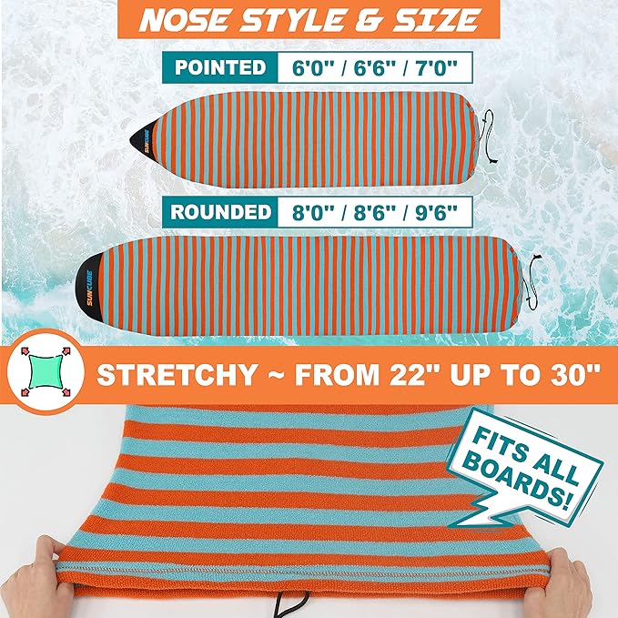 SUN CUBE Surfboard Sock Cover, Protective Surf Bag for Surfing Board, Light Stretchy Surfbag Sleeve for Longboard, Hybrid (8'6'', Black White)