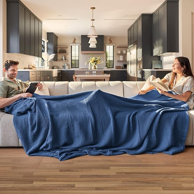 Bedsure 100% Cotton Blanket Queen Size for Bed - Breathable and Soft, Waffle Weave Blanket for Summer, Thick Cozy Fall Blankets for Women Gift, Navy, 90x90 Inches