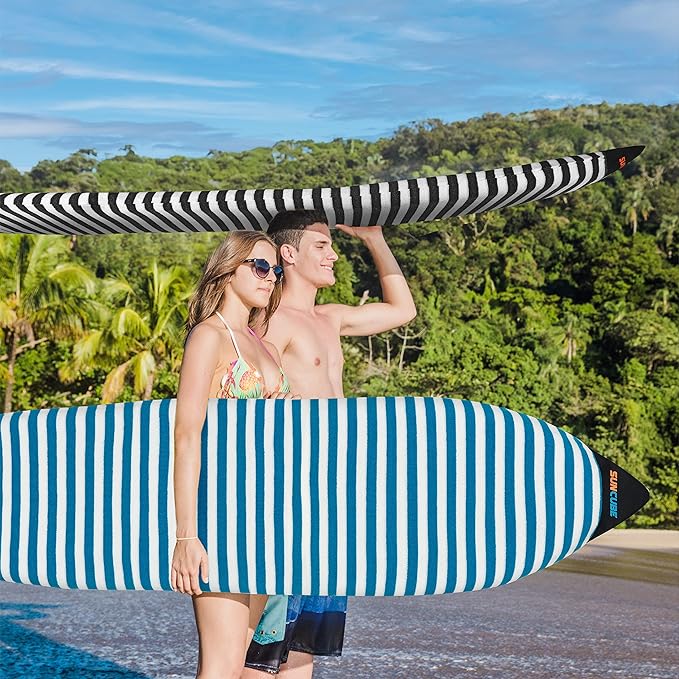 SUN CUBE Surfboard Sock Cover, Protective Surf Bag for Surfing Board, Light Stretchy Surfbag Sleeve for Longboard, Hybrid (8'6'', Black White)