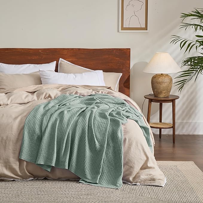 Bedsure 100% Cotton Large Throw Blanket for Couch 50x70 inches - Breathable and Soft, Waffle Weave Throw Blanket for Office, Sage Green