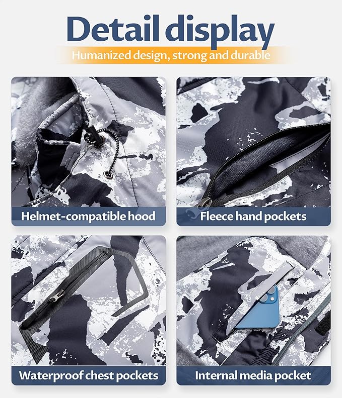 CREATMO US Men's Mountain Waterproof Ski Jacket - Windproof Snowboarding Warm Winter Coat Raincoat