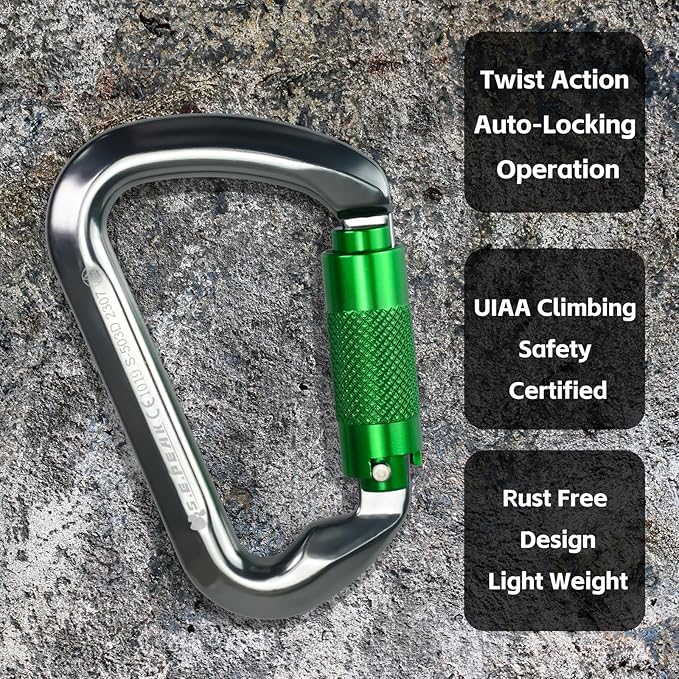 SEPEAK UIAA 30kN Climbing Carabiner Clips, Professional Heavy Duty Twist Locking Carabiners for Climbing,Mountaineering, Rappelling, Camping, Hiking, Swings, Large D Ring Hooks