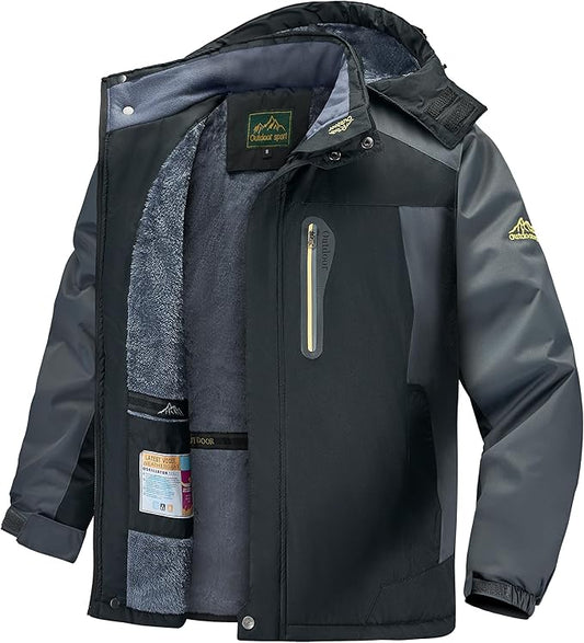 Men's Winter Ski Jacket Warm Waterproof Fleece Liner Snow Coat Hooded Windproof Mountain Raincoat