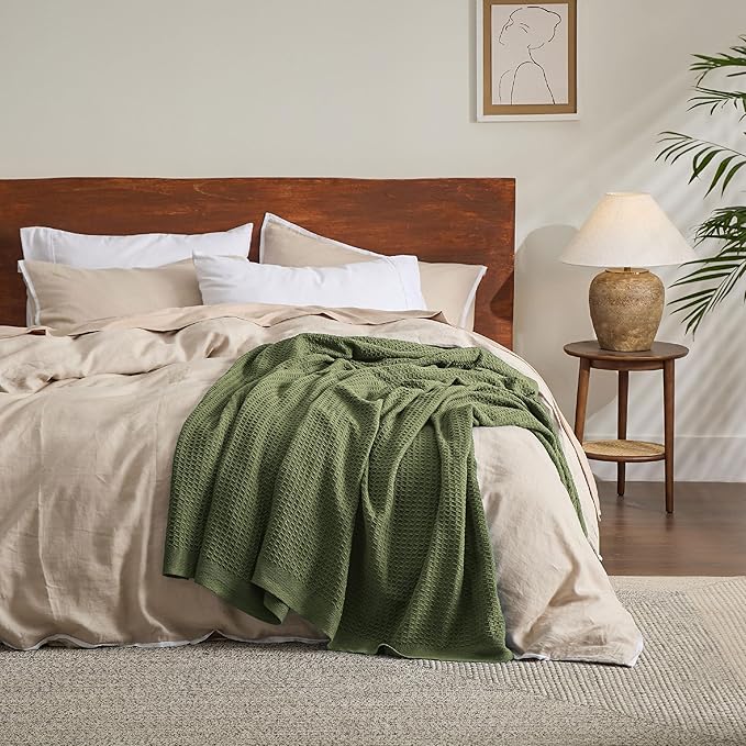 Bedsure 100% Cotton Blanket King Size for Bed - Breathable and Soft, Waffle Weave Blanket for Summer, Thick Cozy Fall Blankets for Women Gift, Olive Green, 104x90 inches
