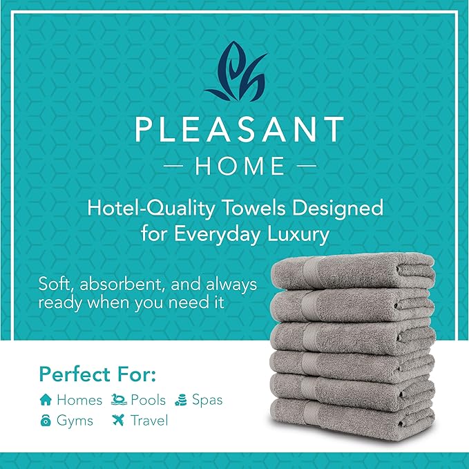 Pleasant Home Bath Towels Set of 6 (24” x 50”) 100% Cotton, 515 GSM | Lightweight, Soft & Absorbent Luxury Towels for Bathroom | for Gym, Pool & Spa | 6 Pack, Gray