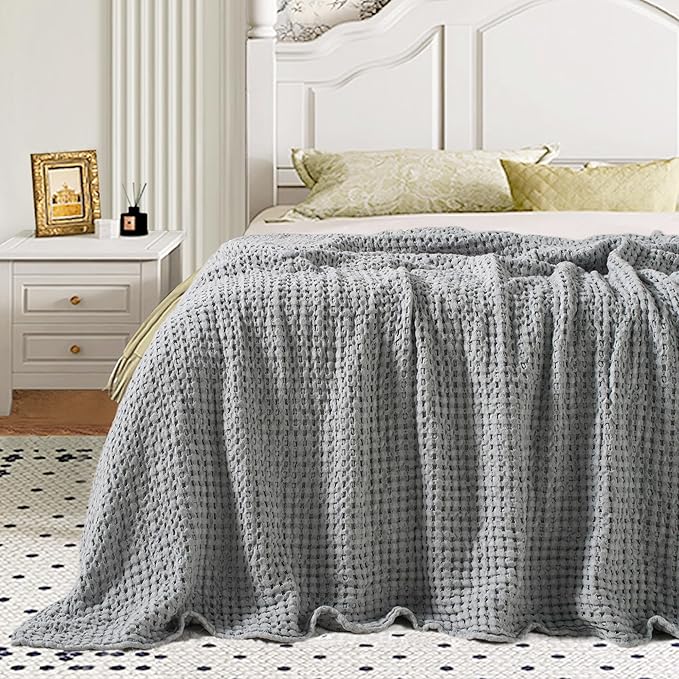 Carriediosa 100% Cotton Waffle Weave Blanket 400GSM Breathable Thermal Blankets for Bed Couch Sofa Soft and Cozy Throws for All Season Home Decor, 50"X 60" Light Grey