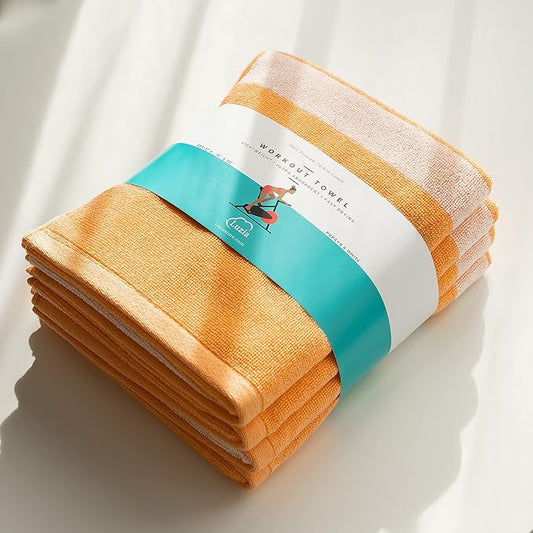 Luzia Striped Workout Towel for Sweat (Pack of 4) - Premium Quality 100% Turkish Cotton - Lightweight and Super Absorbent for Exercise, Sports, Workout, Fitness, Gym, Yoga, Running (Orange)