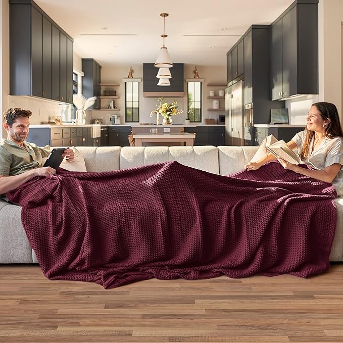 Bedsure 100% Cotton Blanket King Size for Bed - Breathable and Soft, Waffle Weave Blanket for Summer, Thick Cozy Fall Blankets for Women Gift, Red, 104x90 inches