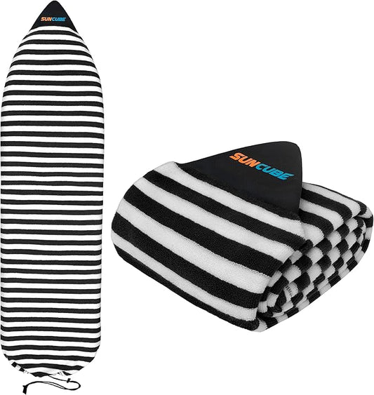 SUN CUBE Surfboard Sock Cover, Protective Surf Bag for Surfing Board, Light Stretchy Surfbag Sleeve for Longboard, Hybrid (8'6'', Black White)