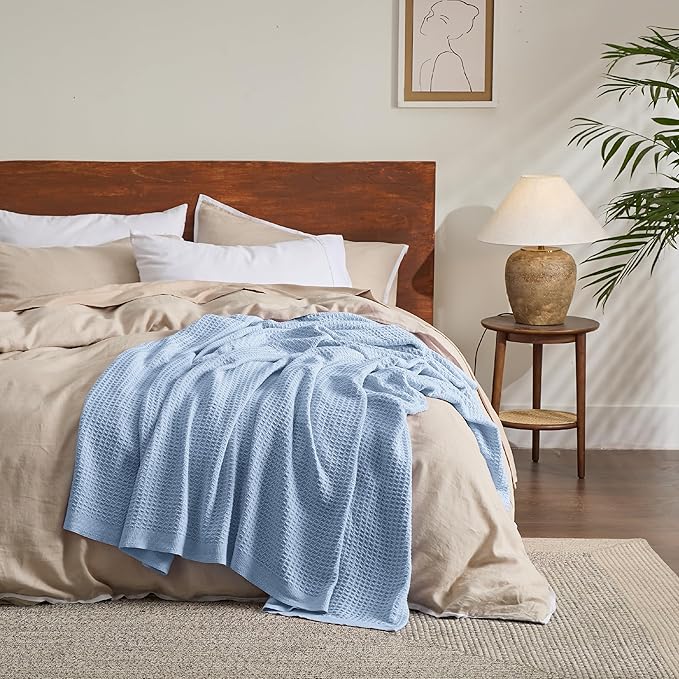Bedsure 100% Cotton Large Throw Blanket for Couch 50x70 inches - Breathable and Soft, Waffle Weave Throw Blanket for Office, Sky Blue
