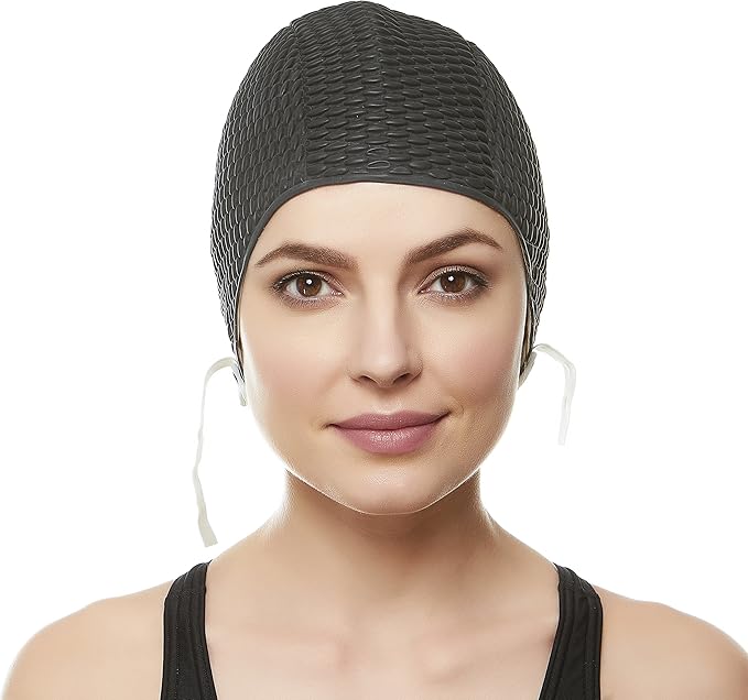 Beemo Swim Cap Women Chin Strap Bubble Crepe Latex Long Short Hair Swimming Caps